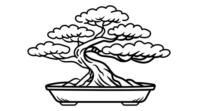 Minimalist black line vector icon of a bonsai tree in a ceramic pot, hand-drawn illustration on a white background representing Japanese culture, nature, zen, and careful gardening art. Scalable SVG.