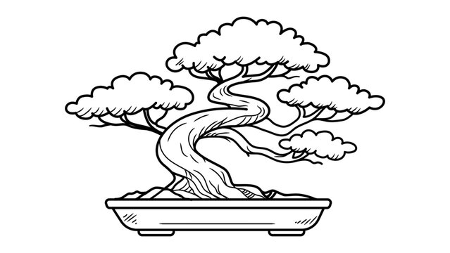 Minimalist black line vector icon illustration of a traditional Japanese bonsai tree in a ceramic pot, hand-drawn outline isolated on a white background, representing zen nature and gardening art.