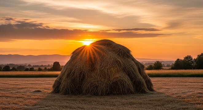 A large haystack stands in a harvested field as the setting sun creates a brilliant sunstar over the rural landscape.