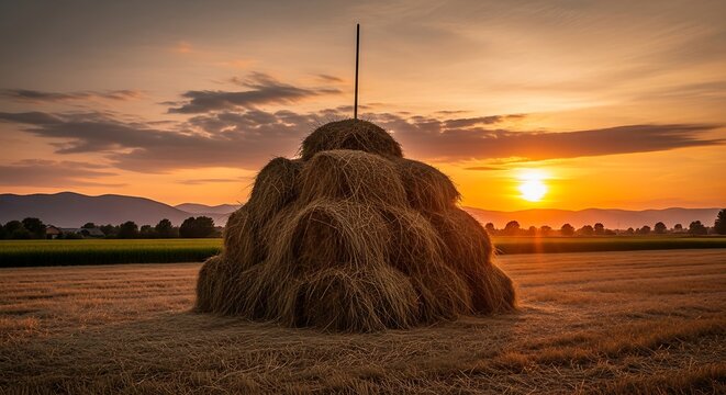 A large haystack stands in a harvested field as the setting sun creates a brilliant sunstar over the rural landscape.