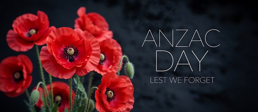 Vibrant red poppies on a dark background with anzac day text