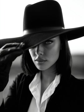 Dramatisches Schwarz-Wei&szlig;-Portr&auml;t einer Frau mit breitem schwarzen Hut