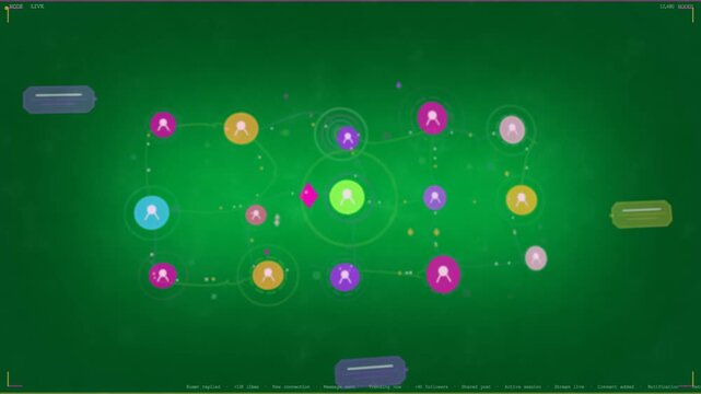 Central green hub pulsing, sending pings through nodes, sparks showing flow on transparent nebula