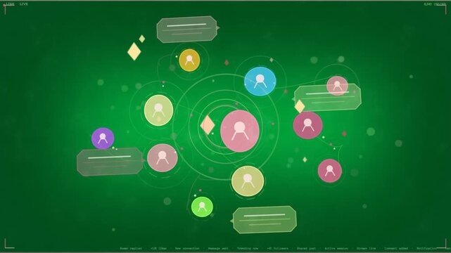 Pink node pulsing, rings opening and nodes moving, showing tech chat on transparent UI