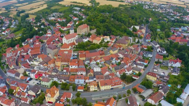 Aerial view of the old town of the city Arnstein in Germany, Bavaria on a late spring afternoon