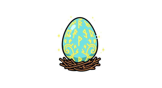 a blue and yellow egg in a nest.