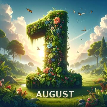 A vibrant numeral "1" composed of flora dominates a sunny landscape. The word "August" sits below. Butterflies and birds flit through the scene