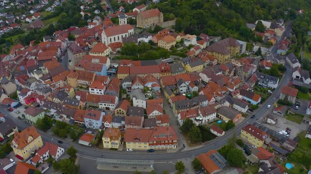 Aerial view of the old town of the city Arnstein in Germany, Bavaria on a late spring afternoon