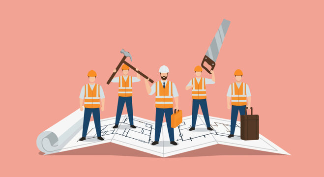 Construction workers on a blueprint planning with labor workforce