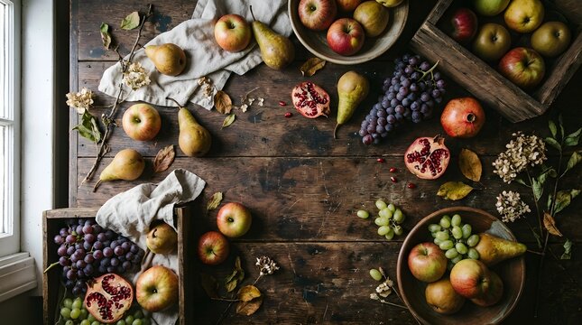 Rustic autumn fruit arrangement on wooden table with natural light