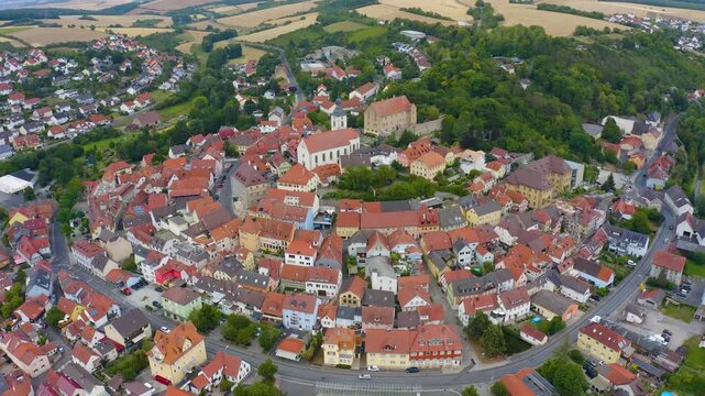 Aerial view of the old town of the city Arnstein in Germany, Bavaria on a late spring afternoon