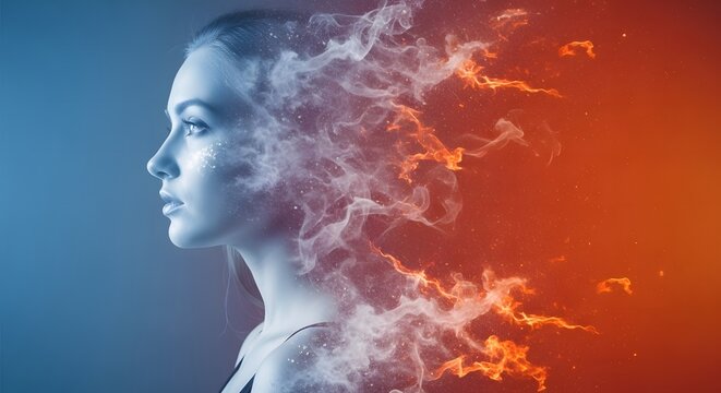 Creative portrait of a woman's face blending with mystical smoke and fiery sparks. Dramatic teal and orange color palette with a surreal, artistic disintegration effect on a dark background