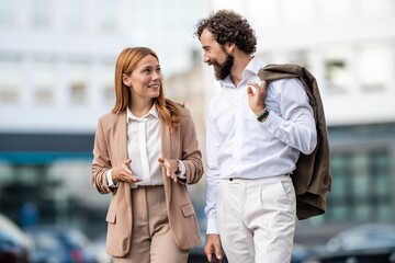 Businesspeople walking and talking on city street
