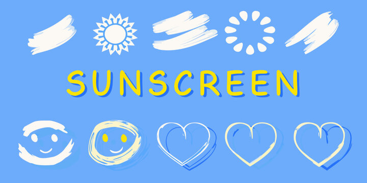 Bright blue background with suns hearts and the word sunscreen