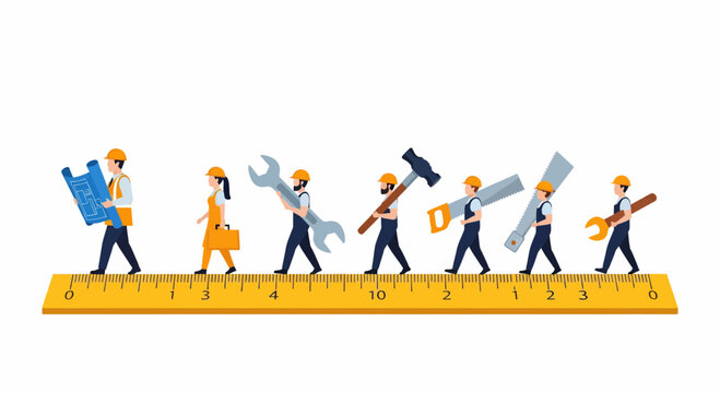Workers celebrate labor day by walking on a giant ruler with tools