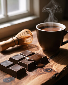 A wooden table with a cup of tea and a chocolate bar next to it, with steam rising from the cup, ceremonial cacao molten elixir