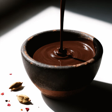 A close-up of a bowl filled with chocolate, with a drizzle of chocolate dripping from it, ceremonial cacao molten elixir