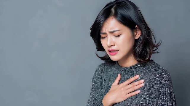 Young Asian woman experiencing discomfort from acid reflux disease while standing against a gray background, showing signs of distress and pain