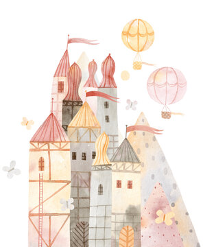 Color castle, hot air balloon. Vintage style. Design for a children's room, poster, postcard.
