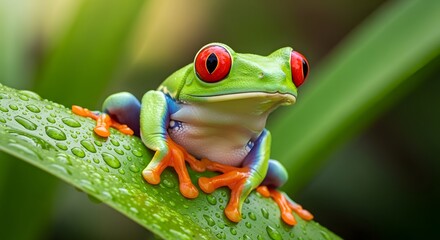 Obraz premium Vibrant Red Eyed Tree Frog Perched on a Dewy Green Leaf in Lush Rainforest.