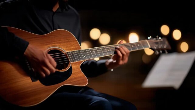 Photorealistic close-up of faceless hands strumming an acoustic guitar chord with steady rhythm, polished wood finish glowing under soft studio light, intricate string alignment an