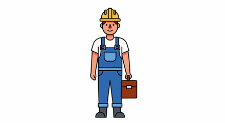 Fototapeta premium A worker in overalls and a hard hat holds a toolbox on a worker day labor.