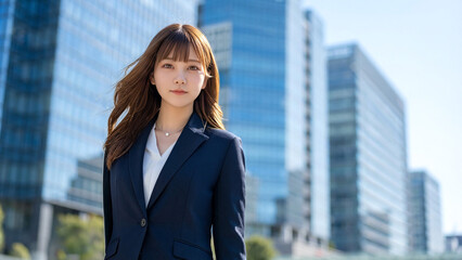 Fototapeta premium Confident young Japanese businesswoman standing in modern city with office buildings