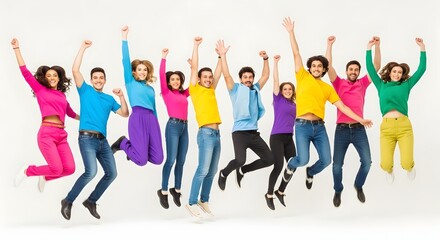 Obraz premium Celebrating friendship day joyful friends jumping with arms raised in unity