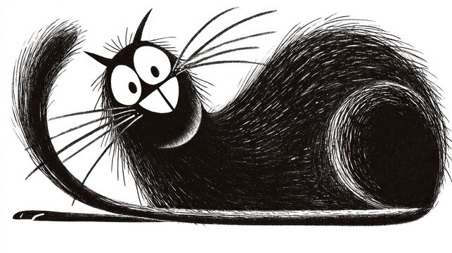 Whimsical black cat with big eyes and a wide smile playfully poses.