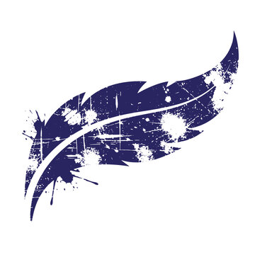 Dark blue silhouette of a bird feather with a distressed grunge texture and white ink splatters isolated on a white background