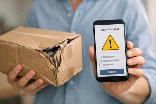 A person holds a damaged cardboard box in one hand and a smartphone showing a return request form in the other.