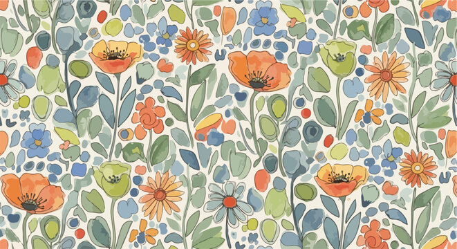 Fresh floral motif blending vibrant blooms with green foliage