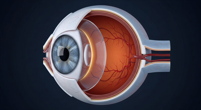 Detailed anatomical cross-section of the human eye showing internal structures and components for vision.