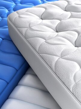 Nahaufnahme zweier Matratzen nebeneinander in Blau und Wei&szlig; mit gepolsterter Oberfl&auml;che und Seitenband.
