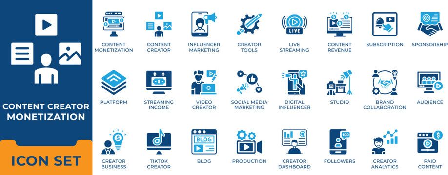 Content creator monetization and influence r marketing vector icon set. Social media live streaming, video production, and blog symbols.
