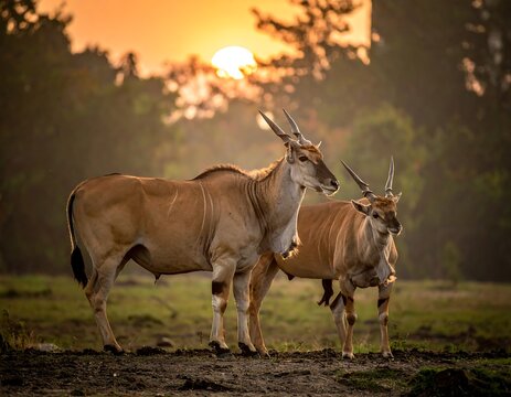 Two eland stand at sunset, bathed in golden light. Antelope, horns, grassy background