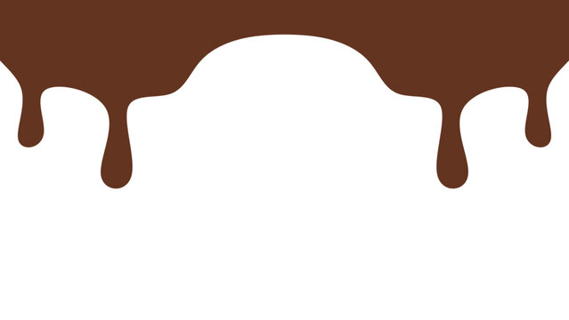 Melted chocolate or syrup drips isolated on a white background. Flowing liquid chocolate border element. A sweet brown syrup or sauce that melts and drips.