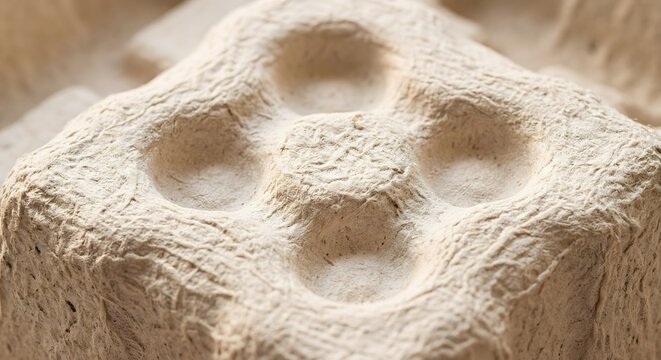 Macro of sustainable molded paper pulp texture with organic minimalist depressions in warm off-white tone