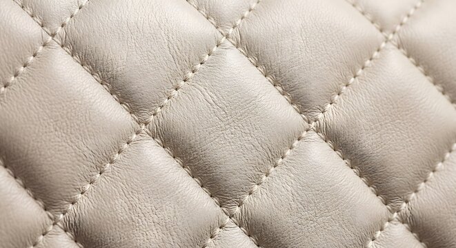 Close-up of luxurious quilted cream vegan leather texture with elegant diamond pattern and soft matte finish