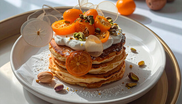 Stack of fluffy pancakes with whipped cream, kumquats, and pistachios in sunlight