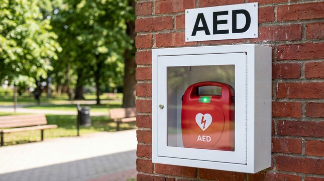 Public safety photograph of a bright yellow EMERGENCY DEFIBRILLATOR AED cabinet against a green park backdrop with copy space