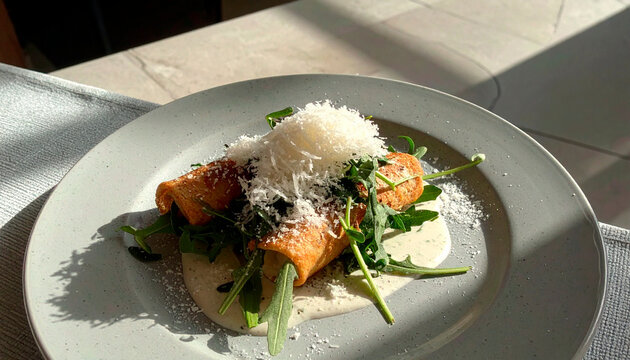 Savory crepes topped with arugula, white sauce, and grated cheese on a grey plate