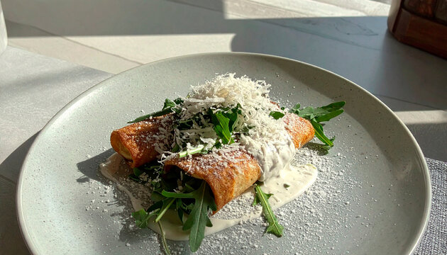 Savory crepes topped with arugula, white sauce, and grated cheese on a grey plate
