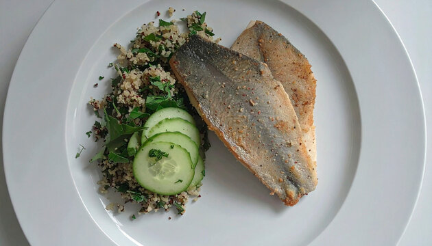 Fried fish fillets served with quinoa salad and cucumber slices on a white dish