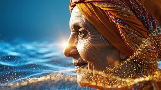 Elderly woman with spiritual light on wavy blue background