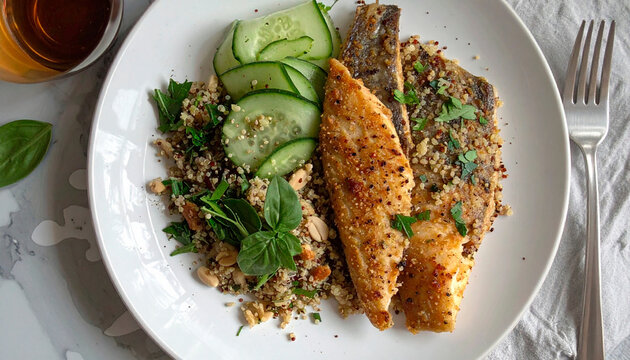 Fried fish fillets served with quinoa salad and cucumber slices on a white dish