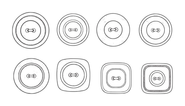 Eight hand drawn sewing buttons in circle and square shapes craft supplies fastener