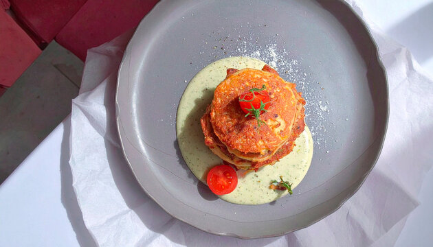 Crispy savory pastry stack with cherry tomatoes and herbs served with green pesto sauce on grey plate