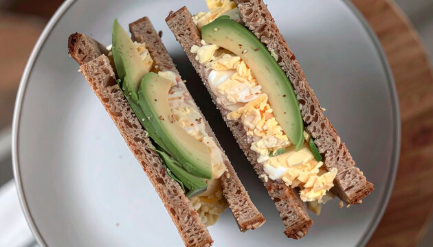 Healthy avocado and scrambled egg sandwich on dark rye bread cut in half on plate
