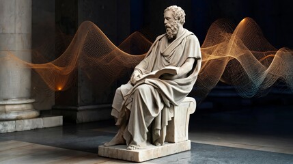Naklejka premium Marble statue of a philosopher seated on a pedestal, draped in robes, with abstract sound wave patterns in the background, illuminated by soft lighting in a classical setting